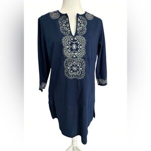 Chico’s Embroidered Navy Tunic Top 0 (Small, US 4–6) Cotton Beaded Sequin Boho